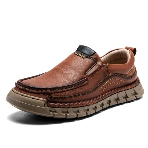 Men's Casual Faux Leather Shoes Hand Stitched Slip On Loafers Waterproof Non Slip Outdoor Business Casual Walking Shoes