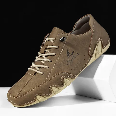 Men Casual PU Leather Shoes High Top Martin Boots Breathable Wavy Rubber Sole Lace Up Vintage Formal Flat Walking Footwear