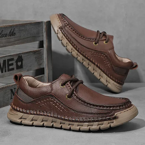 Men's Casual Hand-Stitched Leather Business Shoes Non-Slip Rubber Sole Waterproof Retro Low-Top Lace-Up Outdoor Loafers