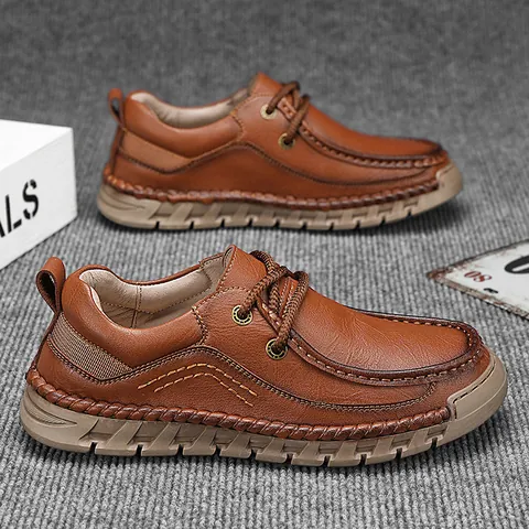 Men's Casual Hand-Stitched Leather Business Shoes Non-Slip Rubber Sole Waterproof Retro Low-Top Lace-Up Outdoor Loafers