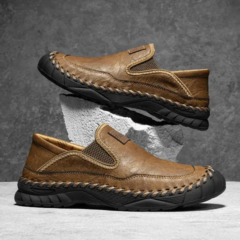 Men's Casual Loafers Slip-On Microfiber Leather Shoes Hand-Stitched Outdoor Flat Walking Shoes Round Toe Comfort Footwear
