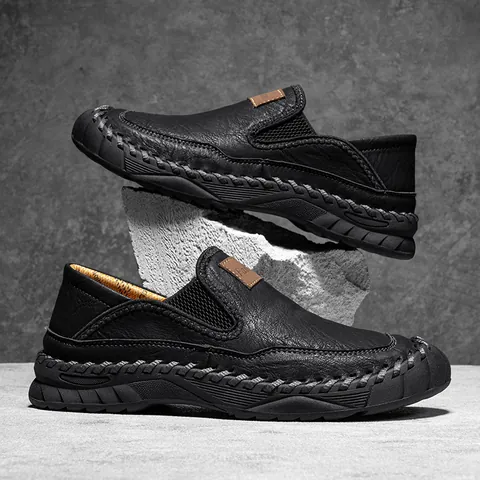 Men's Casual Loafers Slip-On Microfiber Leather Shoes Hand-Stitched Outdoor Flat Walking Shoes Round Toe Comfort Footwear