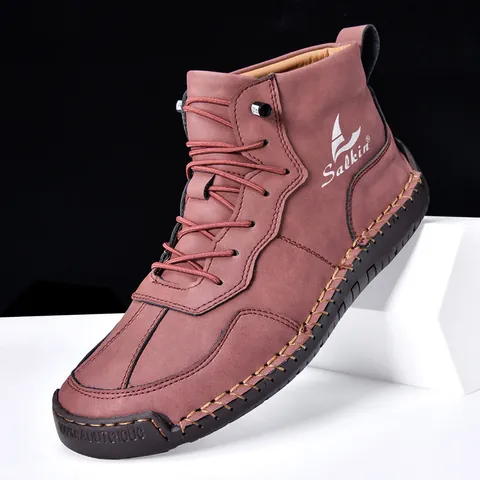 Men Women Casual Leather Martin Boots High Top Hand Sewn Retro Nubuck Leather Boots Non Slip Rubber Sole Outdoor Daily Boots