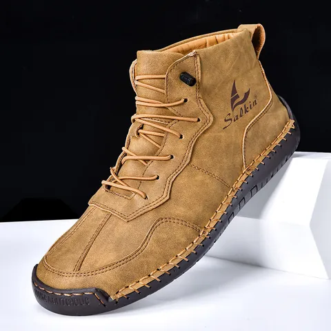 Men Women Casual Leather Martin Boots High Top Hand Sewn Retro Nubuck Leather Boots Non Slip Rubber Sole Outdoor Daily Boots