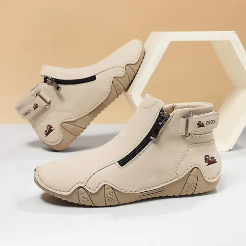 Bottines Décontractées en Cuir Microfibre pour Femmes Couture à la Main Fermeture Éclair Latérale Bande Auto-agrippante Chaussures Plates Semelle en Caoutchouc Antidérapante Couleur Unie Chaussures de Marche