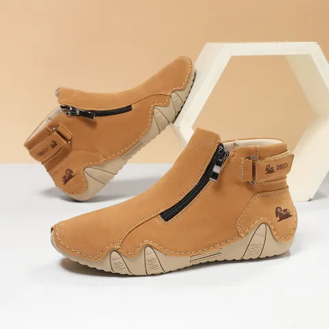 Bottines Décontractées en Cuir Microfibre pour Femmes Couture à la Main Fermeture Éclair Latérale Bande Auto-agrippante Chaussures Plates Semelle en Caoutchouc Antidérapante Couleur Unie Chaussures de Marche