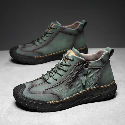 Men's Outdoor Hiking Climbing Shoes Rugged PU Leather Boots Side Zip Lacing Non-slip Casual Tourism Walking Shoes