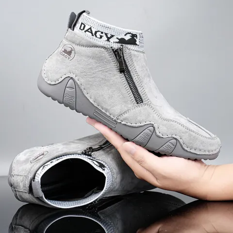 Men's Retro Martin Boots Genuine Leather Microfiber High Top Casual Shoes Side Zipper Elastic Knit Ankle Sock Boots Non-Slip Rubber Sole Outdoor Footwear