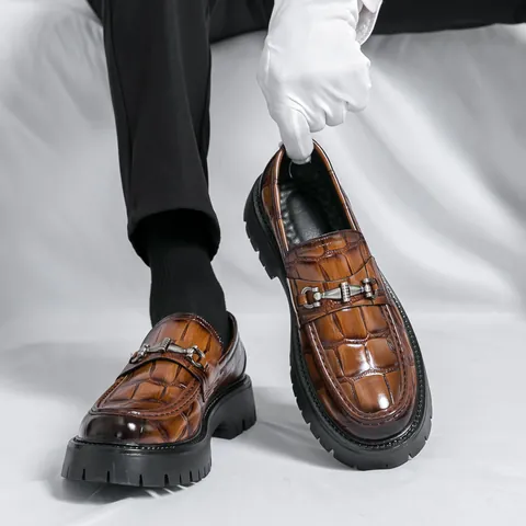 Men's British Style Loafers Crocodile Pattern PU Leather Metal Bit Platform Shoes Formal Business Casual Slip-On Dress Shoes