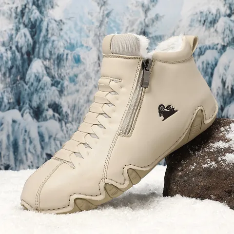 Women High Top Casual Leather Boots With Side Zipper Warm Plush Lining Non-Slip Wave Sole Hand Stitched Fashion Walking Shoes For Autumn Winter