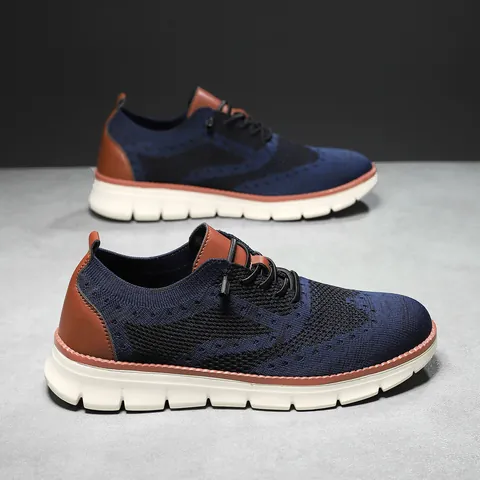 Men's Breathable Mesh Running Shoes British Style Lightweight Casual Sneakers Flyknit Athletic Shoes For Men