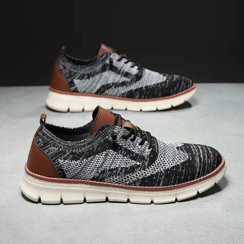 Men's Breathable Mesh Running Shoes British Style Lightweight Casual Sneakers Flyknit Athletic Shoes For Men