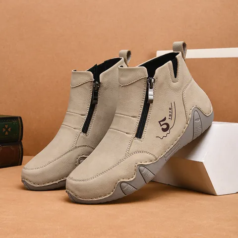 Women Casual Microfiber Leather Ankle Boots Hand Stitched Side Zipper Round Toe Flat Walking Shoes Vintage Design