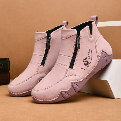 Women Casual Microfiber Leather Ankle Boots Hand Stitched Side Zipper Round Toe Flat Walking Shoes Vintage Design