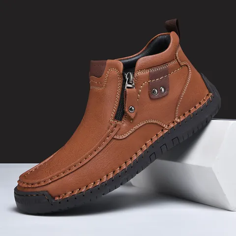 Men's Casual Microfiber Leather Boots Side Zipper Hand Stitched Outdoor Fashion Non Slip Rubber Sole Work Ankle Boots