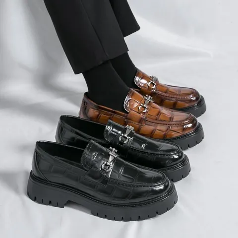 Men's British Style Loafers Crocodile Pattern PU Leather Metal Bit Platform Shoes Formal Business Casual Slip-On Dress Shoes