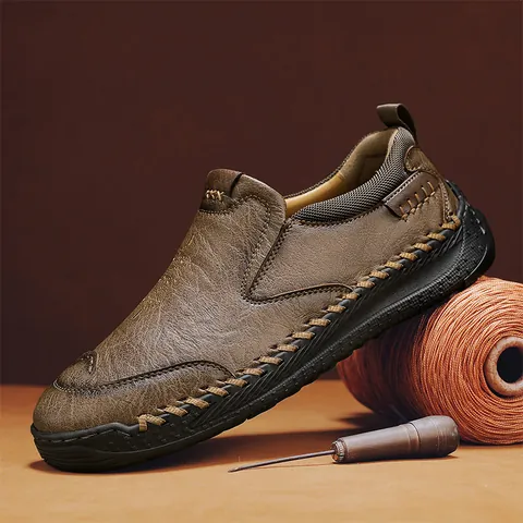 Men's Microfiber Leather Loafers Hand-Stitched Slip-On Casual Shoes Soft Sole Business Vintage Flat Shoes For Men