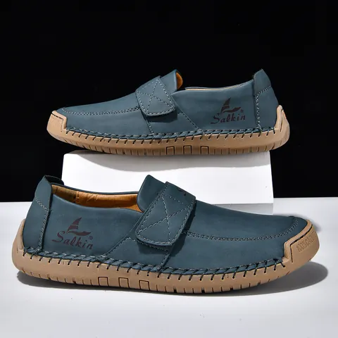 Unisex Casual Leather Loafers Hand-Stitched Driving Shoes Breathable Non-slip Flat Shoes With Rubber Sole And Hook Loop