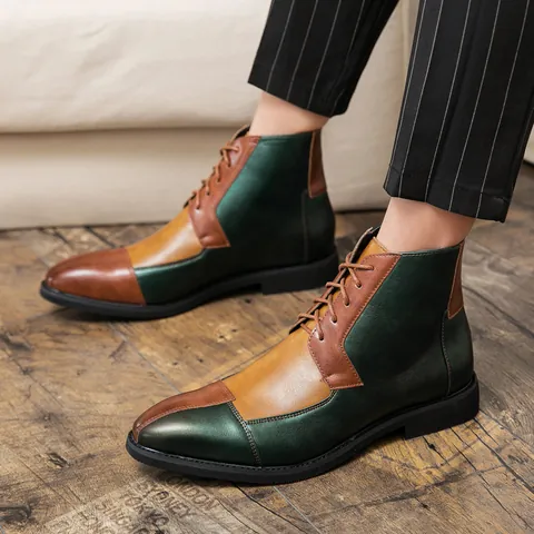 Men's British Retro Patchwork Martin Boots Color Block Lace Up Ankle Boots Microfiber Leather Non Slip Casual Fashion Footwear