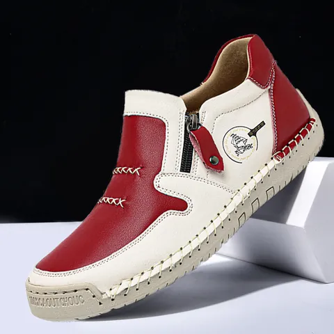 Women Casual Cow Leather Ankle Boots Hand-Stitched Color Block Side Zipper Martin Boots Non-Slip Rubber Sole Boots