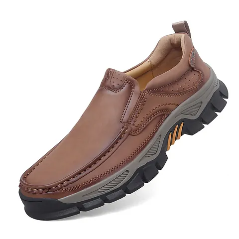 Men's Casual Cowhide Leather Outdoor Shoes Anti-slip Rubber Sole Breathable Slip-on And Lace-up Hiking Shoes Loafers For Men Daily Walking Travel