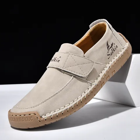 Unisex Casual Leather Loafers Hand-Stitched Driving Shoes Breathable Non-slip Flat Shoes With Rubber Sole And Hook Loop