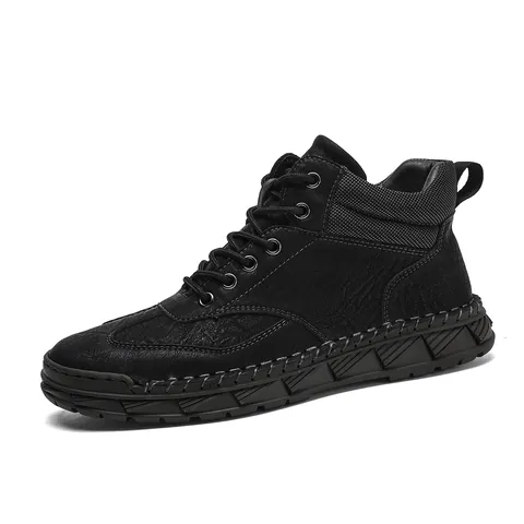 Men Fashion Microfiber Leather Ankle Boots Casual Outdoor Work Boots Warm Lace Up Flat Hand Stitched Shoes Plus Size