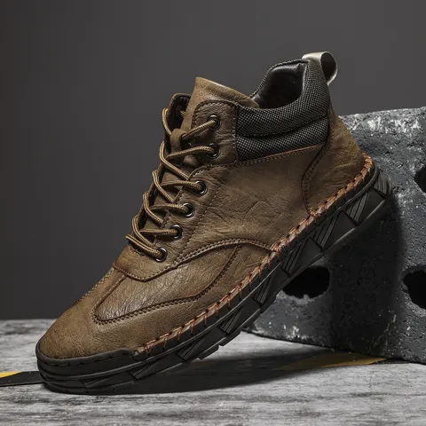 Men Fashion Microfiber Leather Ankle Boots Casual Outdoor Work Boots Warm Lace Up Flat Hand Stitched Shoes Plus Size