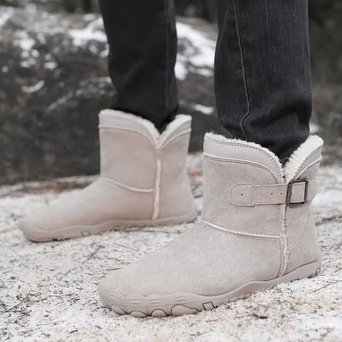 Cowhide Suede Snow Boots For Men Women Bionic Five Finger Sole Non Slip Warm Faux Fur Lined Side Buckle Outdoor Winter Boots