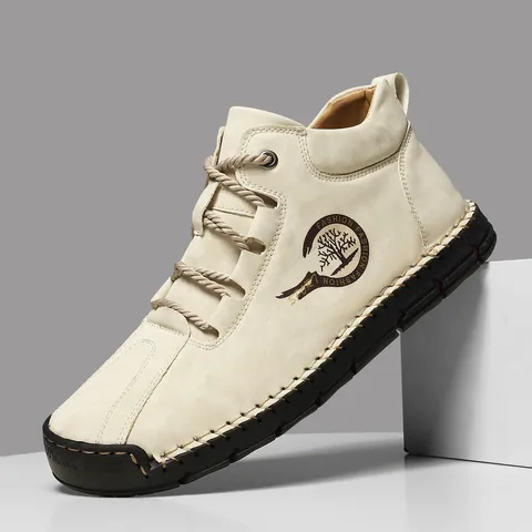Men High Top Casual Shoes Microfiber Leather Retro Manual Stitching Outdoor Walking Boots Non Slip Rubber Sole Fashion Sneakers For Men