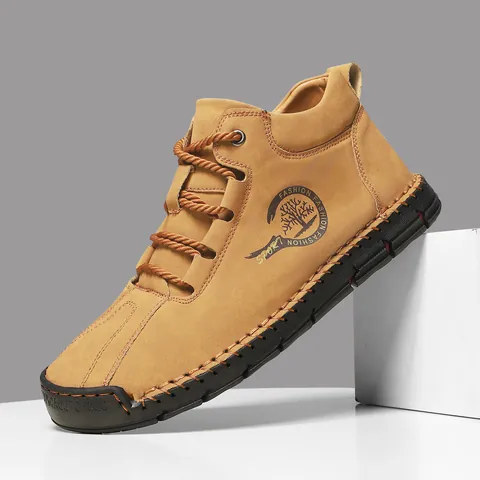 Men High Top Casual Shoes Microfiber Leather Retro Manual Stitching Outdoor Walking Boots Non Slip Rubber Sole Fashion Sneakers For Men