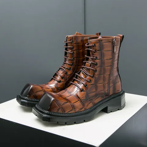 Men's Alligator Pattern Martin Boots PU Leather High Top Square Toe Casual Work Boots With Side Zipper Non-slip Outdoor Shoes
