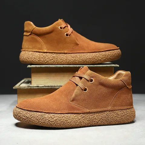 Retro Men Suede Leather Casual Shoes Mid Top Thick Sole Lace Up Breathable Wear Resistant Fashion Sneakers Daily Footwear