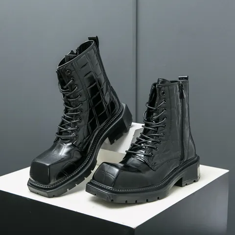 Men's Alligator Pattern Martin Boots PU Leather High Top Square Toe Casual Work Boots With Side Zipper Non-slip Outdoor Shoes
