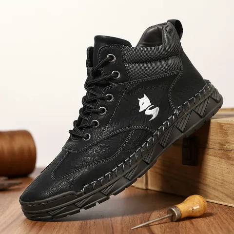 Men's Casual Microfiber Leather Lace-up Ankle Boots Retro Stitching Warm Outdoor Winter Shoes With Non-slip Rubber Sole