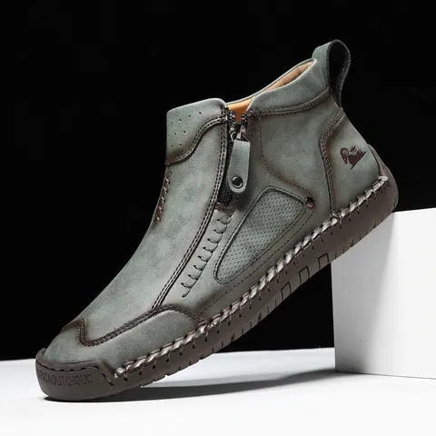 Men Vintage Casual Microfiber Leather Boots With Side Zipper Hand Stitched Outdoor Ankle Boots For Men Fashion Shoes