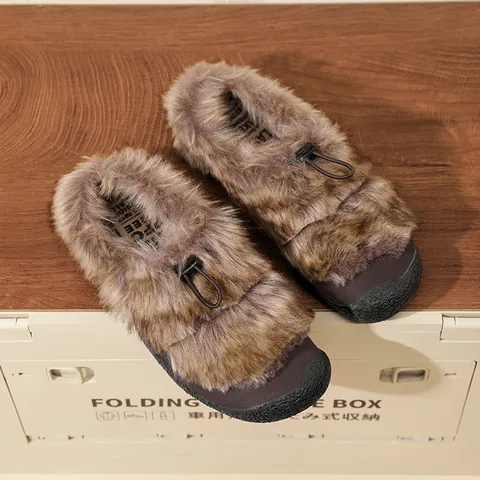 Women Warm Winter Faux Fur Loafers Slip-on Mules Outdoor Casual Soft Sole Anti-slip Shoes With Drawstring Toggle Closure