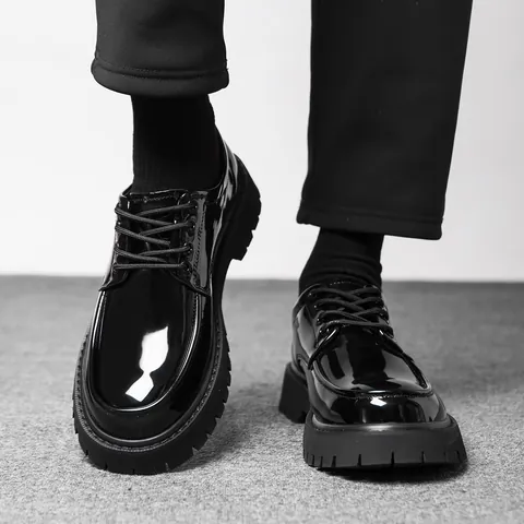 Men Thick Sole Casual Leather Shoes British Style Black Glossy Matte Derby Shoes Height Increasing Non-slip Formal Loafers