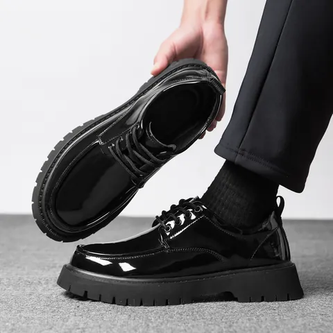 Men Thick Sole Casual Leather Shoes British Style Black Glossy Matte Derby Shoes Height Increasing Non-slip Formal Loafers