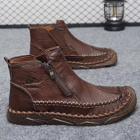 Men's Retro Microfiber Leather Martin Boots Side Zipper Hand Stitched Outdoor Casual Ankle Boots Fashion Work Boots For Men