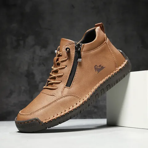 Women Men Casual Microfiber Leather Ankle Boots With Side Zipper Lace-Up Hand-Stitched Rubber Sole Flat Retro Fashion Short Boots