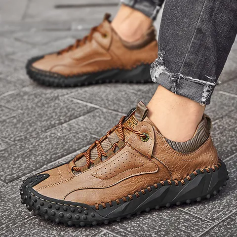 Herren Casual Mikrofaser Leder Schuhe Schnürung Mode Outdoor Retro Rutschfest Noppen Gummisohle Low Top Herren Wanderschuhe