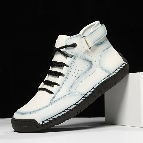 Herren High Top Freizeit Leder Schuhe Outdoor Britischer Stil Mikrofaser Gummisohle Rutschfest Nähte Schnürung Mode Sneakers