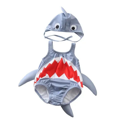 Baby Cartoon Shark One-Piece Swimsuit With Matching Hat Cute Quick Dry Toddler Swimwear For Boys Girls Beach Pool Use