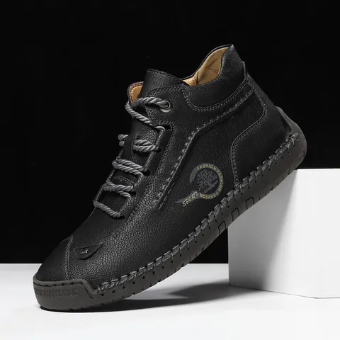 Chaussures Décontractées à Tige Haute pour Hommes en Cuir Microfibre Cousues à Main Semelle en Caoutchouc Antidérapante Mode Extérieur Style Britannique Baskets Bottes