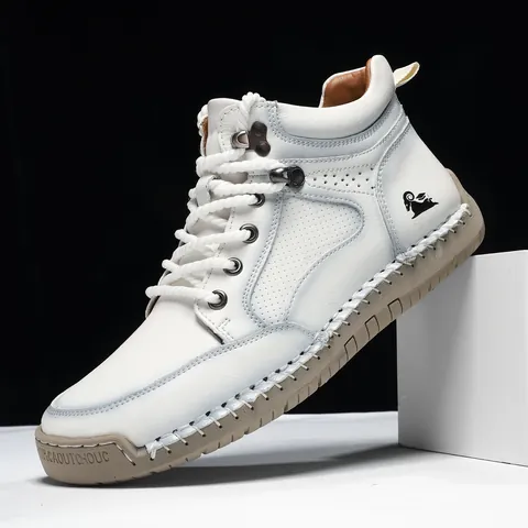Men's Retro Microfiber Leather Martin Boots High Top Outdoor Lace Up Work Boots Manual Stitching Non-Slip Rubber Sole Winter Casual Shoes