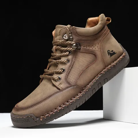 Men's Retro Microfiber Leather Martin Boots High Top Outdoor Lace Up Work Boots Manual Stitching Non-Slip Rubber Sole Winter Casual Shoes