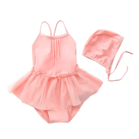 Girls One Piece Swimsuit And Hat Set Tulle Tutu Skirt Princess Ruffled Backless Quick Dry Beachwear Toddler Infant Swimwear