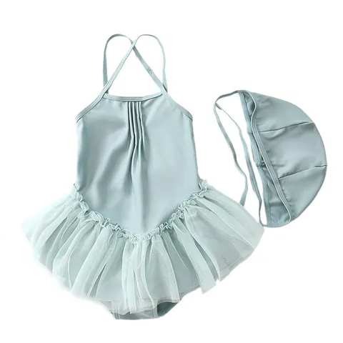 Girls One Piece Swimsuit And Hat Set Tulle Tutu Skirt Princess Ruffled Backless Quick Dry Beachwear Toddler Infant Swimwear