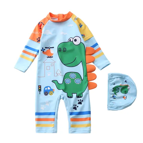 Kinder Jungen Einteiliger Langarm Badeanzug Cartoon Dinosaurier Druck Sonnenschutz Badebekleidung Mit Badekappe Set